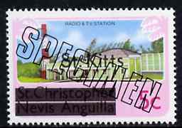 St Kitts 1980 Radio & TV Station 5c from optd def set, additionally optd SPECIMEN, as SG 29A unmounted mint, stamps on radio   communications, stamps on  tv , stamps on 