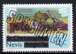 Nevis 1980 Sugar Cane Harvesting 15c from opt'd def set, additionally opt'd SPECIMEN, as SG 40 unmounted mint, stamps on sugar    agriculture    tractor