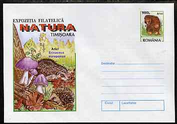 Rumania 1998 illustrated 900L postal stationery envelope featuring Hedgehog with Mushrooms, superb unused condition, stamps on animals     hedgehogs    fungi