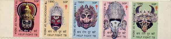 Cinderella - India 1990 se-tenant strip of 5 x 50p TB labels each showing masks unmounted mint, stamps on cinderellas    tb    diseases     masks
