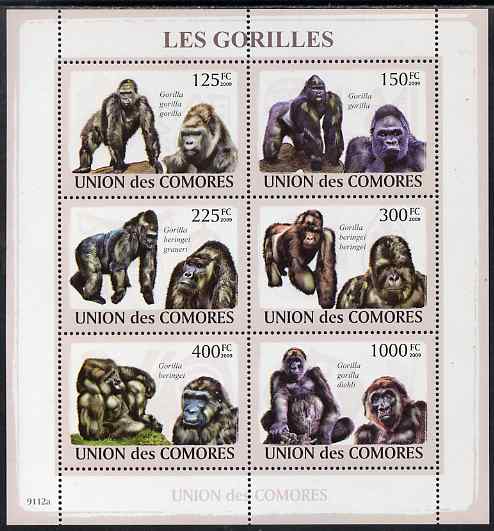 Comoro Islands 2009 Gorillas perf sheetlet containing 6 values unmounted mint, stamps on animals, stamps on gorillas, stamps on apes