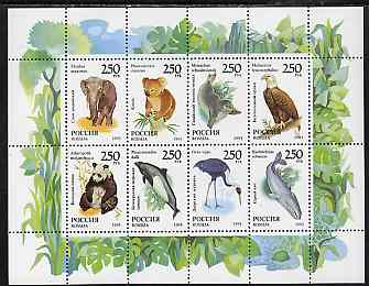 Russia 1993 Animals sheetlet containing se-tenant block of 8 unmounted mint, SG 6449-56, Mi 351-8, stamps on animals, stamps on elephant, stamps on crane, stamps on panda, stamps on eagle, stamps on porpoise, stamps on koala bear, stamps on birds, stamps on birds of prey    seal, stamps on whales
