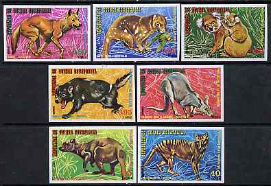 Equatorial Guinea 1974 Australian Animals imperf set of 7 on blue paper unmounted mint, Mi A467-73, stamps on animals     dingo     koala    bears     kangaroo