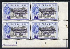 Sierra Leone 1963 Postal Commemoration 9d on 1.5d (Piassava Workers) plate block of 4, one stamp with asterisks variety, unmounted mint, SG 275a, stamps on crafts  industry  postal  varieties