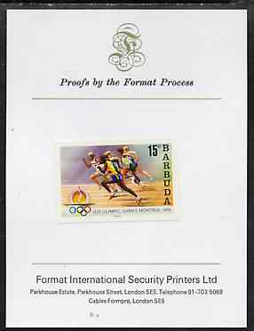 Barbuda 1976 Montreal Olympic Games imperf proof of UNISSUED 15c (Running) stamp size in full colour mounted on Format Proof card 96 mm x 127mm, superb & rare, stamps on olympics     running