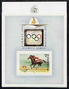 Barbuda 1976 Montreal Olympic Games imperf proof of UNISSUED $2 m/sheet (Show Jumping) stamp size in full colour affixed to m/sheet and mounted on Format Proof card 96 mm..., stamps on olympics     show-jumping   horses