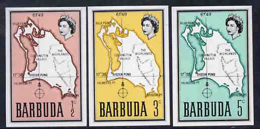 Barbuda 1968 Maps - Imperf proofs of three different values from the first QEII def set on ungummed paper, exceptionally rare, stamps on maps