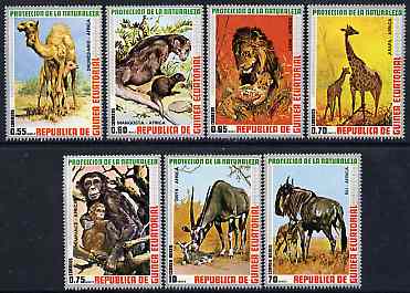 Equatorial Guinea 1974 African Animals perf set of 7 unmounted mint, Mi 9475-81, stamps on animals     camels    cats     lion     oryx    giraffe    apes    gnu     mongoose
