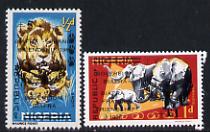 Nigeria - Biafra 1968 France Friendship Lions & Elephants, opts 1/2d plus 5s & 1d plus \A31 (see footnote after SG 16) unmounted mint but slight offset from overprint on ..., stamps on animals, stamps on cats, stamps on elephant