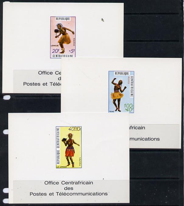 Central African Republic 1970 Traditional Dances 20f, 40f & 100f deluxe cards in full issued colours (as SG 234-6), stamps on dancing