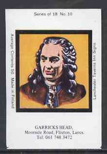 Match Box Labels - Garricks Head (No.10 from a series of 18 Pub signs) very fine unused condition (Lanchester Taverns), stamps on theatre