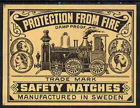Match Box Labels -  Protection From Fire (Steam Engine) match box label (dozen outer size) Made in Sweden, stamps on railways