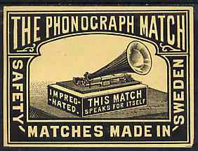 Match Box Labels -  The Phonograph match box label (dozen outer size) Made in Sweden, stamps on inventions     music