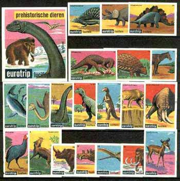 Match Box Labels -  Complete set of 20 + 1 Prehistoric Animals (Eurotrip produced in 1966), stamps on dinosaurs, stamps on saber tooth, stamps on dental