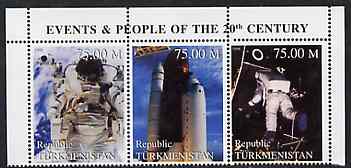 Turkmenistan 1999 Space -3 values from Events & People of the 20th Century unmounted mint, stamps on space, stamps on shuttle, stamps on millennium