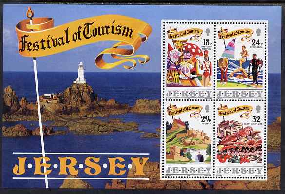 Jersey 1990 Festival of Tourism m/sheet unmounted mint, SG 526, stamps on flowers, stamps on children, stamps on noddy, stamps on enid blyton, stamps on food & drink, stamps on  marine life, stamps on shells, stamps on sports, stamps on scuba, stamps on lighthouses