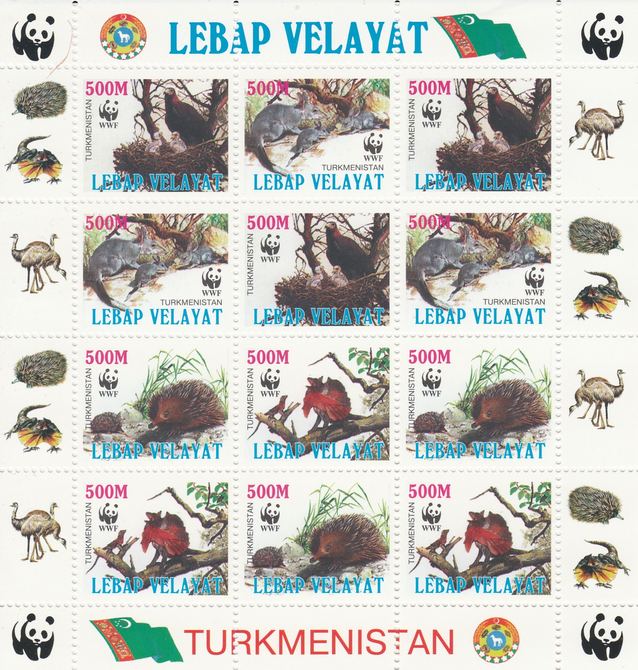 Turkmenistan (Lebap Velayat) 1998 WWF - Wild Animals & Birds perf sheetlet containing complete set of 12 (3 sets of 4) unmounted mint, stamps on wwf     animals, stamps on hedgehogs, stamps on  wwf , stamps on 