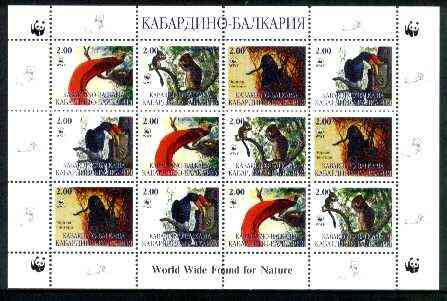 Kabardino-Balkaria Republic 1998 WWF - Wild Animals & Birds perf sheetlet containing complete set of 12 (3 sets of 4) unmounted mint, stamps on wwf     animals    birds, stamps on  wwf , stamps on 
