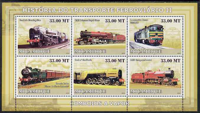 Mozambique 2009 History of Transport - Railways #02 perf sheetlet containing 6 values unmounted mint, stamps on railways, stamps on transport