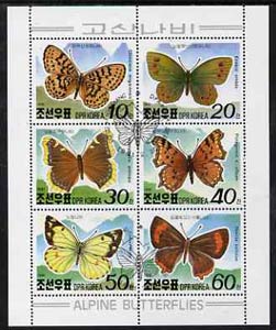 North Korea 1991 Alpine Butterflies sheetlet containing complete set of 6 very fine cto used, SG N3034a, stamps on butterflies