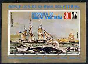 Equatorial Guinea 1973 Paintings of Ships imperf m/sheet (Early Whaler) very fine cto used, stamps on arts    ships    whales