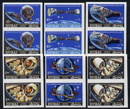 Dubai 1966 Gemini Space Rendezvous set of 6 in imperf pairs (as SG 208-13) unmounted mint, stamps on space