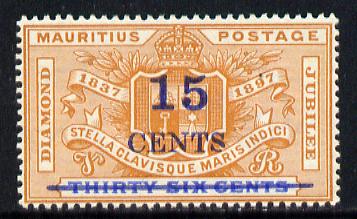 Mauritius 1899 15c on 36c unmounted mint, (SG 135), stamps on , stamps on  qv , stamps on 
