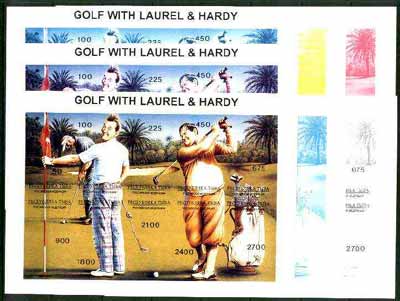 Touva 1995 Golf with Laurel & Hardy composite sheet containing 10 values, the set of 7 imperf progressive proofs comprising the 4 basic colours plus 2, 3 and all 4-colour composites unmounted mint, stamps on entertainments   golf   sport