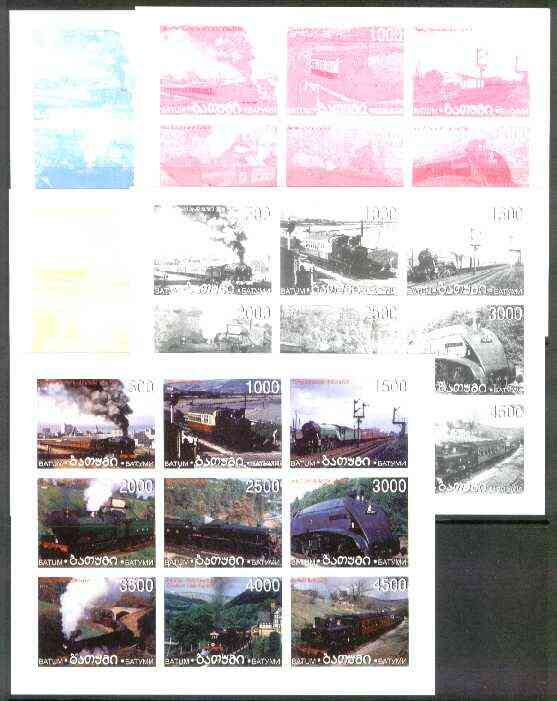 Batum 1998 Steam Locos sheetlet containing 9 values, the set of 5 imperf progressive proofs comprising the 4 basic colours plus all 4-colour composites unmounted mint, stamps on , stamps on  stamps on railways