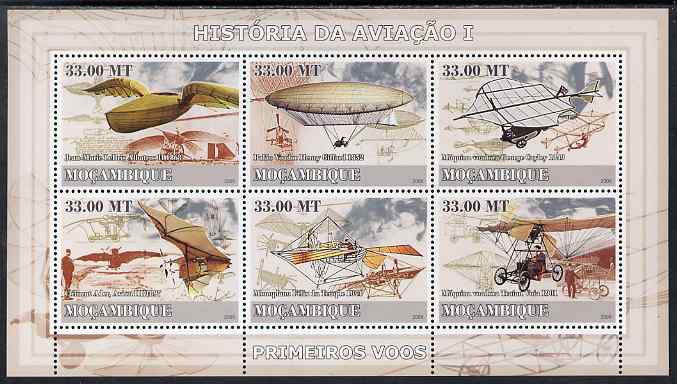 Mozambique 2009 History of Transport - Aviation #01 perf sheetlet containing 6 values unmounted mint, stamps on aviation