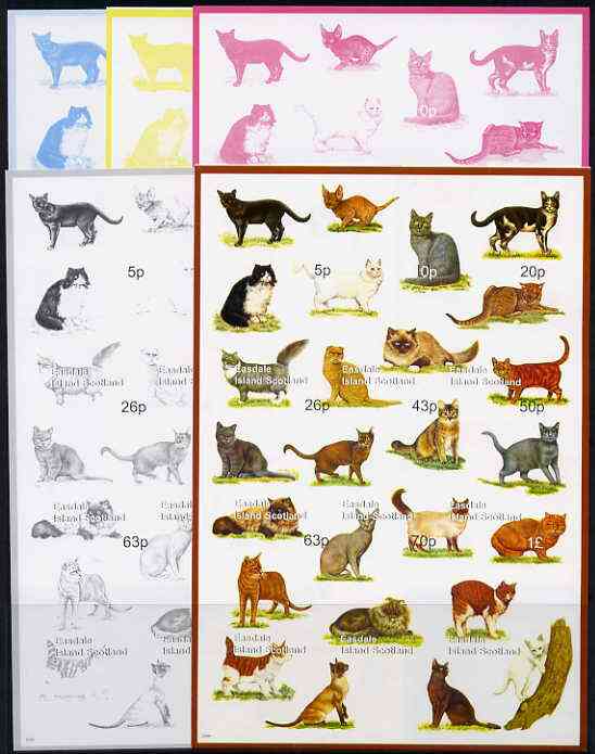 Easdale 1999 Cats Composite sheetlet containing 9 values, the set of 5 imperf progressive proofs comprising the 4 basic colours plus all 4-colour composites unmounted mint, stamps on cats