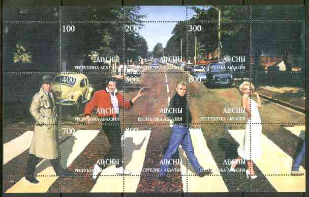 Abkhazia 1999 Fab 4 - Elvis, Marilyn, James Dean & Bogart Crossing Abbey Road (with VW & Police Van) composite sheet containing 9 values unmounted mint, stamps on films    entertainments    elvis    marilyn monroe, stamps on  vw , stamps on cinema      music     police