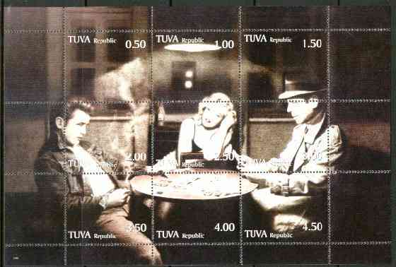 Touva 199? High Stakes (Marilyn, James Dean & Bogart Playing Cards) composite sheet containing 9 values unmounted mint, stamps on films, stamps on entertainments, stamps on marilyn monroe, stamps on  vw , stamps on cinema, stamps on music, stamps on playing cards