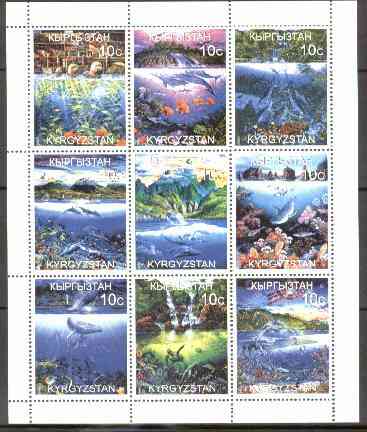 Kyrgyzstan 1999 Marine Life perf sheetlet containing complete set of 9 values unmounted mint, stamps on marine-life    whales      dolphins      seals     turtles    waterfalls