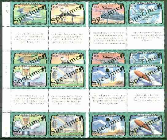 Montserrat 1995 50th Anniversary of end of World War II, two sets of 8 (4 se-tenant gutter blocks of 4) each overprinted SPECIMEN, extremely scarce thus as SG 967-74s unm..., stamps on , stamps on  ww2 , stamps on 