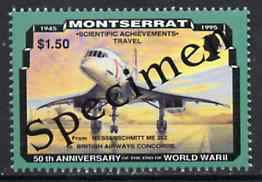 Montserrat 1995 Concorde $1.50 (from 50th Anniversary of end of World War II set) overprinted SPECIMEN, as SG 974s unmounted mint, stamps on aviation, stamps on  ww2 , stamps on concorde