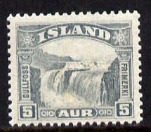 Iceland 1931 Gullfoss Falls 5a grey unmounted mint (SG 195), stamps on waterfalls
