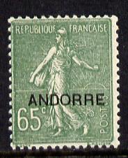 Andorra - French 1931 overprint on French Sower 65c unmounted mint SG F 14, stamps on , stamps on  stamps on farming