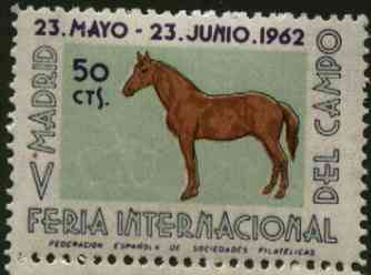 Cinderella - Spain 1962 50c perforated label for Madrid International Stamp Exhibition featuring Horse unmounted mint*, stamps on cinderellas, stamps on stamp exhibitions, stamps on horses
