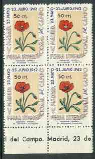 Cinderella - Spain 1962 50c perforated label for Madrid International Stamp Exhibition featuring Poppy, marginal block of 4 showing one stamp with centre of flower omitte..., stamps on cinderellas       stamp exhibitions     flowers