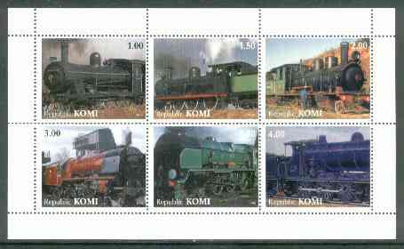 Komi Republic 1999 Steam Locos #1 perf sheetlet containing complete set of 6 values unmounted mint, stamps on , stamps on  stamps on railways