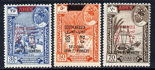 Aden - Quaiti 1966 Kennedy set of 3 with black opts unmounted mint (Mi 68-70sA)*, stamps on kennedy  personalities