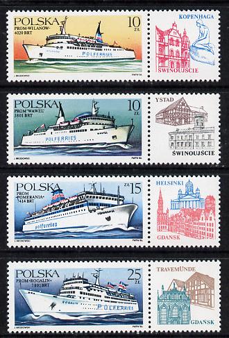 Poland 1986 Ferry Ships set of 4 unmounted mint (each with label) (SG 3042-45), stamps on ships
