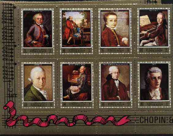 Ajman 1972 Mozart perf set of 8 unmounted mint, Mi 1328-35A, stamps on music, stamps on personalities, stamps on composers, stamps on masonics, stamps on mozart, stamps on personalities, stamps on mozart, stamps on music, stamps on composers, stamps on masonics, stamps on masonry