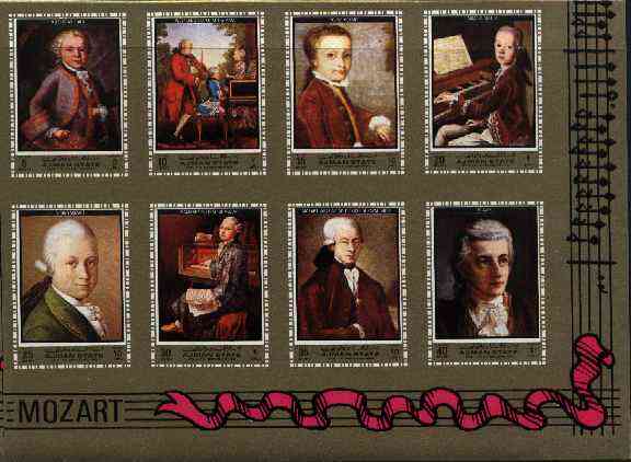 Ajman 1972 Mozart imperf set of 8 unmounted mint, Mi 1328-35B , stamps on music, stamps on personalities, stamps on composers, stamps on masonics, stamps on mozart, stamps on personalities, stamps on mozart, stamps on music, stamps on composers, stamps on masonics, stamps on masonry