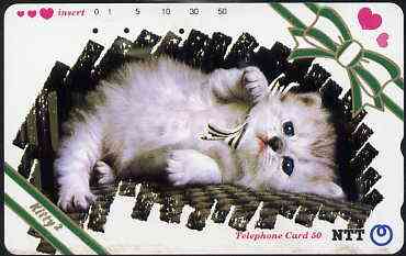 Telephone Card - Japan 50 units phone card showing Kitten with black & white bow titled 'Kitty 2' (card dated 15.4.1992), stamps on cats    
