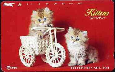 Telephone Card - Japan 105 units phone card showing two Kittens with cane Tricycle (card dated 20.9.1991), stamps on , stamps on  stamps on cats     bicycles