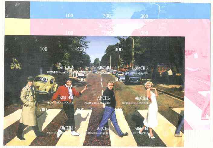 Abkhazia 1999 Fab 4 - Elvis, Marilyn, James Dean & Bogart Crossing Abbey Road (with VW & Police Van)  composite sheet containing 9 values, the set of 5 imperf progressive..., stamps on films    entertainments    elvis    marilyn monroe, stamps on  vw , stamps on cinema      music     police