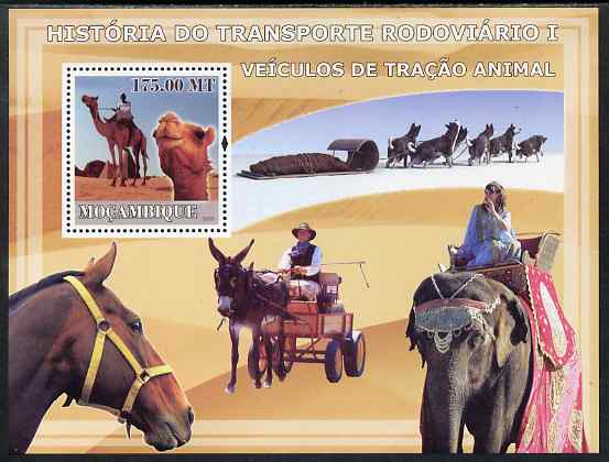 Mozambique 2009 History of Transport - Road Transport #01 perf m/sheet unmounted mint, stamps on transport, stamps on animals, stamps on elephants, stamps on horses, stamps on camels, stamps on dogs, stamps on 