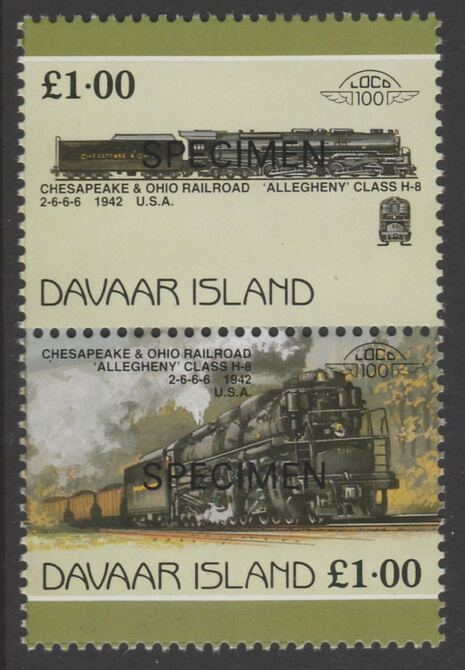 Davaar Island 1983 Locomotives #1 Chesapeake & Ohio Class H8 2-6-6-6 loco Â£1 perf se-tenant pair overprinted SPECIMEN unmounted mint, stamps on railways